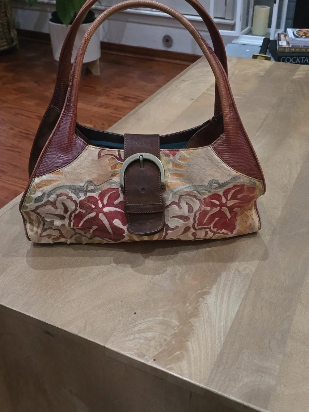 Vintage Floral Leather Tote Handbag - Brown & Red